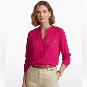 Calvin Klein Fuchsia Pink Gold Button Down Blouse Size Small